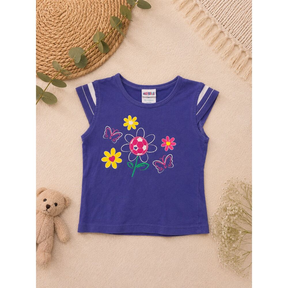 Vintage OkeDoke Girls Purple Floral Butterfly Soccer Graphic Tee Size 4T